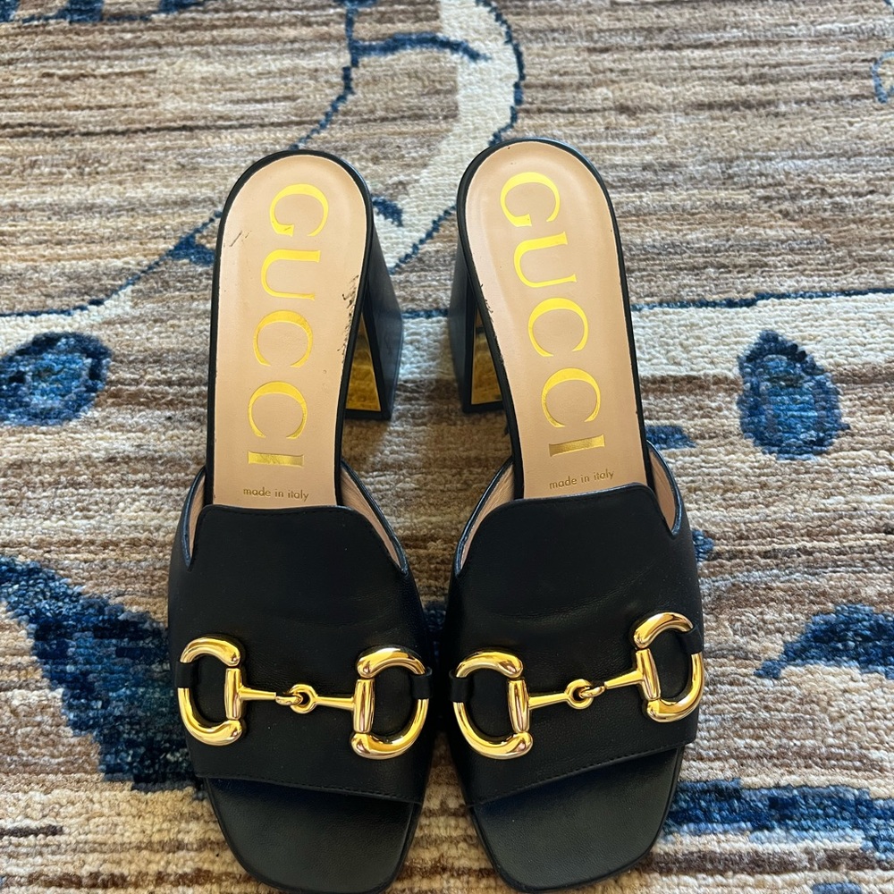 Gucci Black and Gold Women's Mules Slide Sandals 38.5